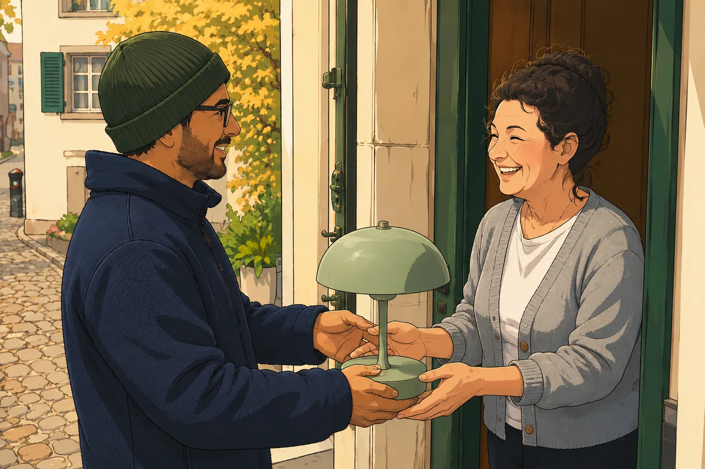 Nachbar übergibt einer lächelnden Frau an der Haustür eine Lampe – von Hand zu Hand.